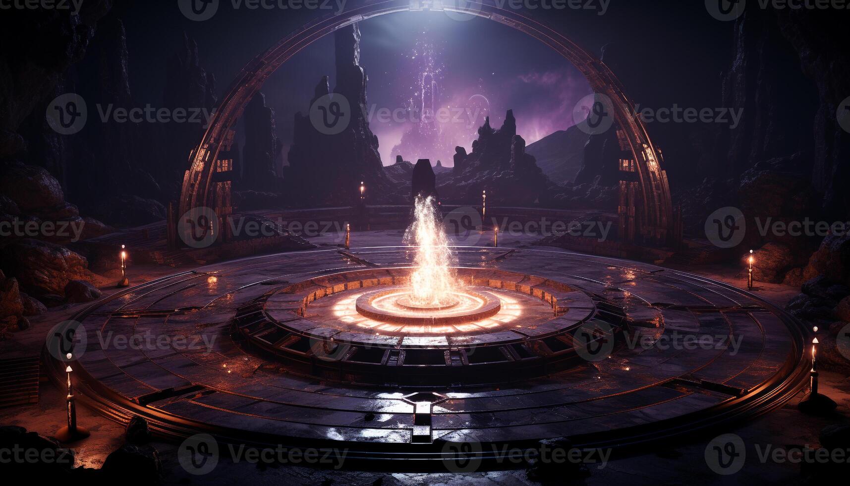 AI generated Ancient architecture illuminated by night, a mysterious flame generated by AI photo