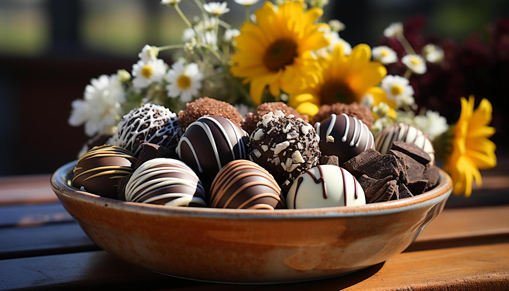 AI generated Indulgent gourmet dessert, dark chocolate flower bowl generated by AI photo