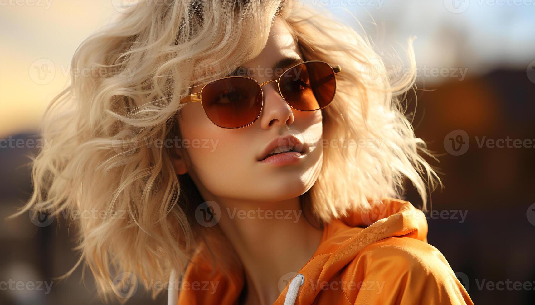 AI generated Young woman in sunglasses enjoys the beauty of nature generated by AI photo