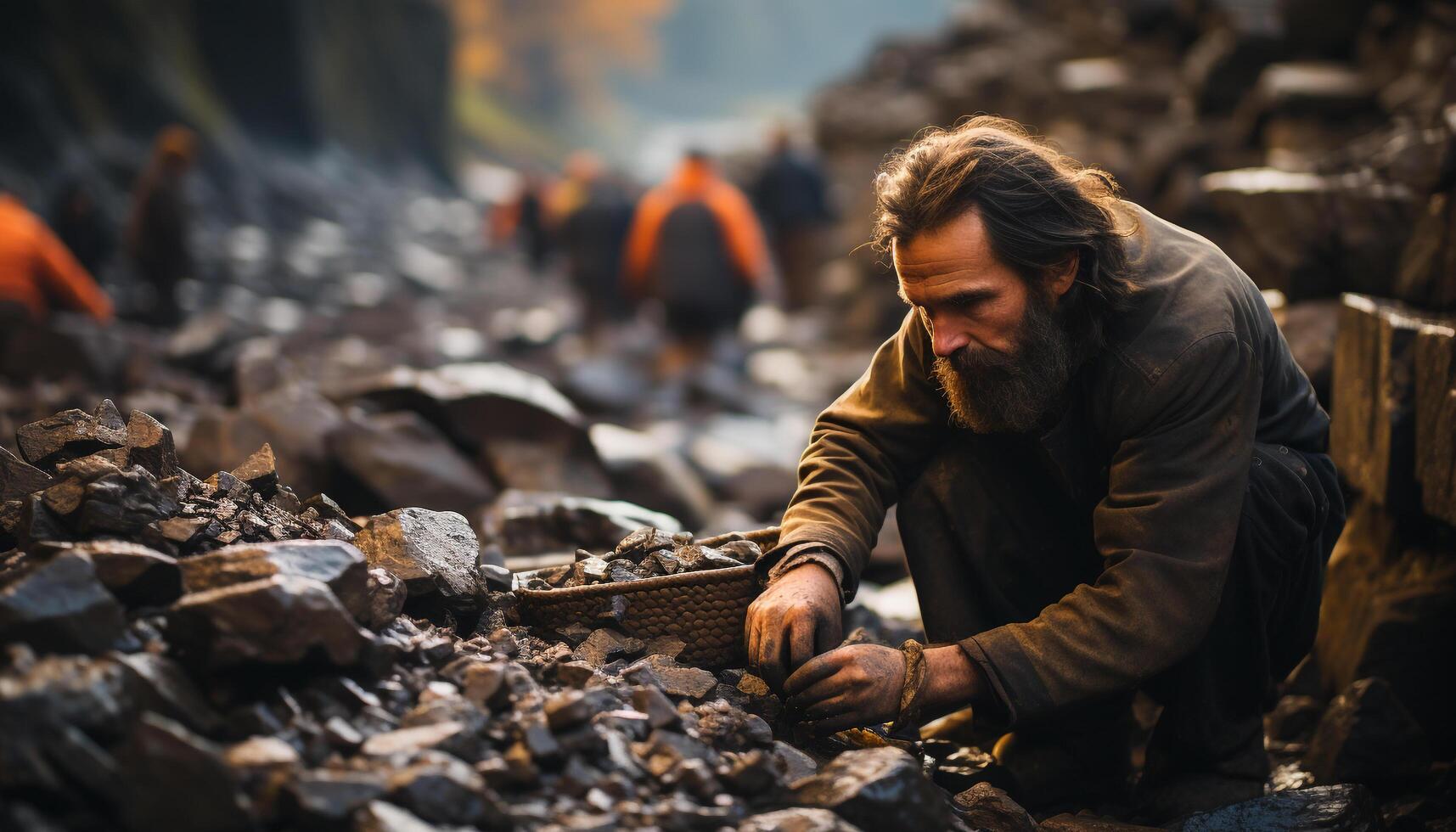 AI generated One man sitting outdoors, working with firewood generated by AI photo