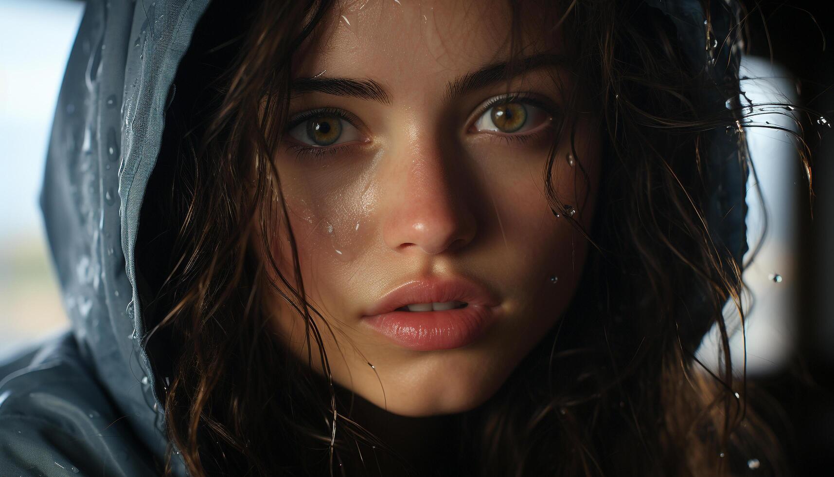 AI generated Young adult woman looking at camera in rain generated by AI photo