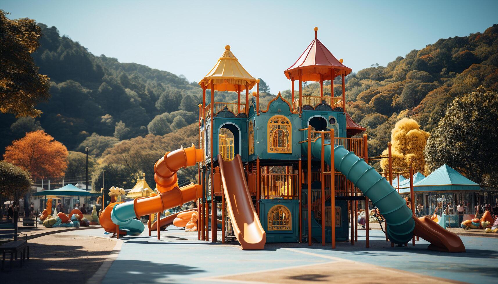 AI generated Child sliding down a colorful playground slide outdoors generated by AI photo