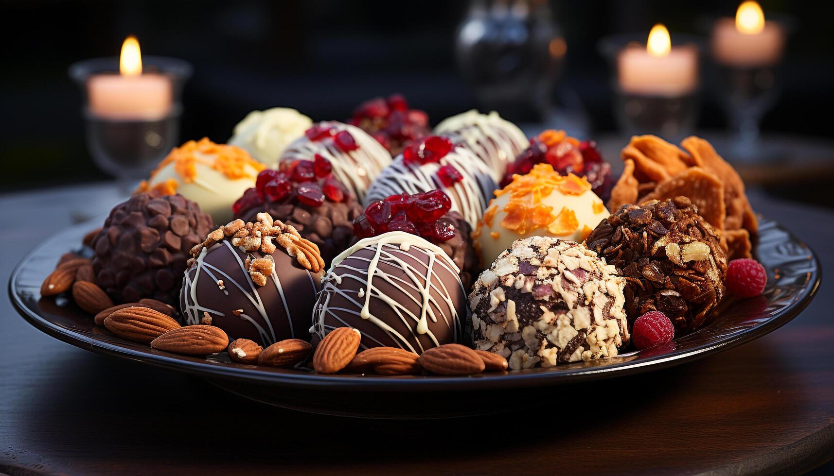 AI generated Indulgent gourmet dessert, dark chocolate truffle with raspberry generated by AI photo