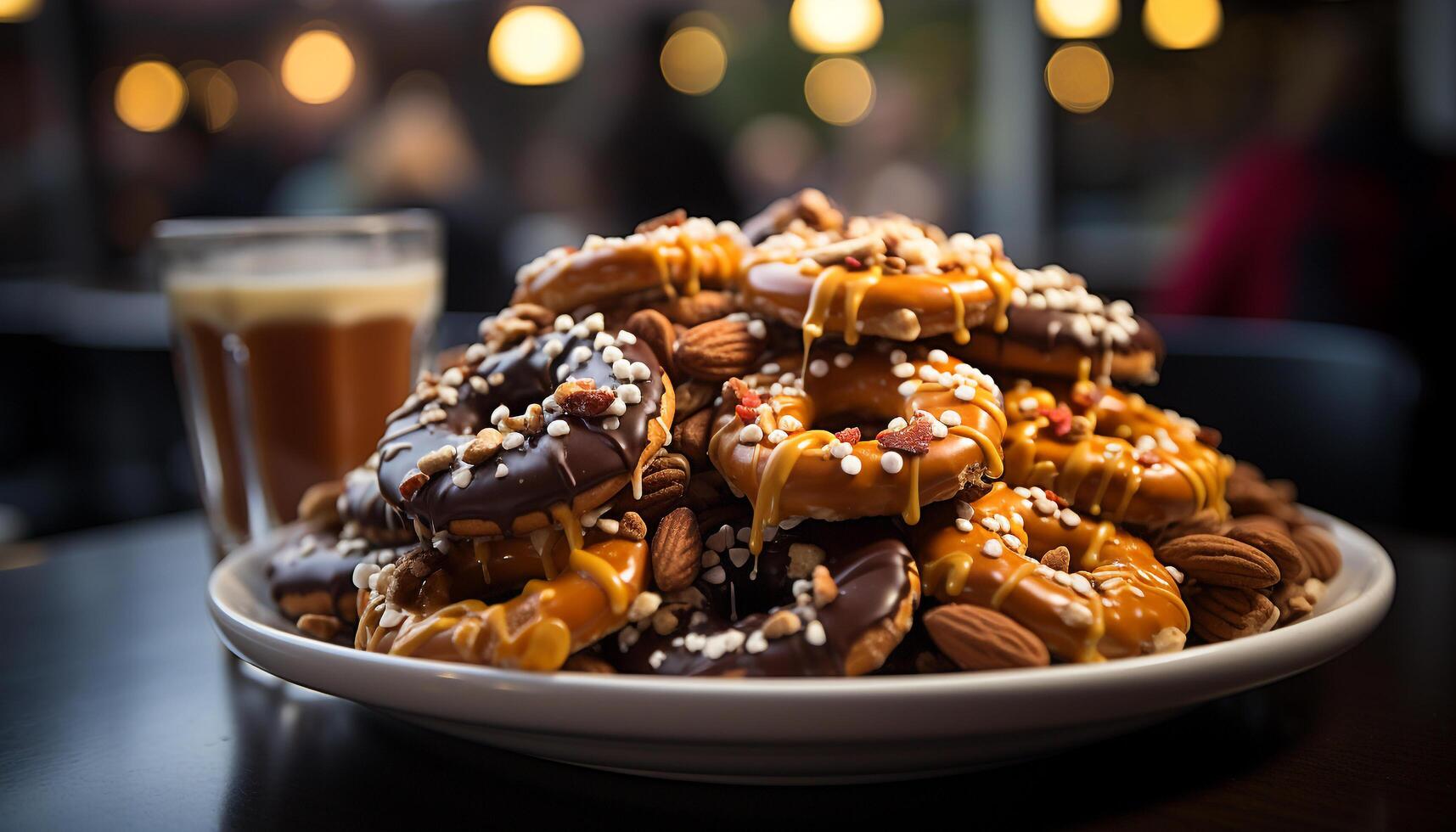 AI generated Stack of colorful donuts on a table generated by AI photo