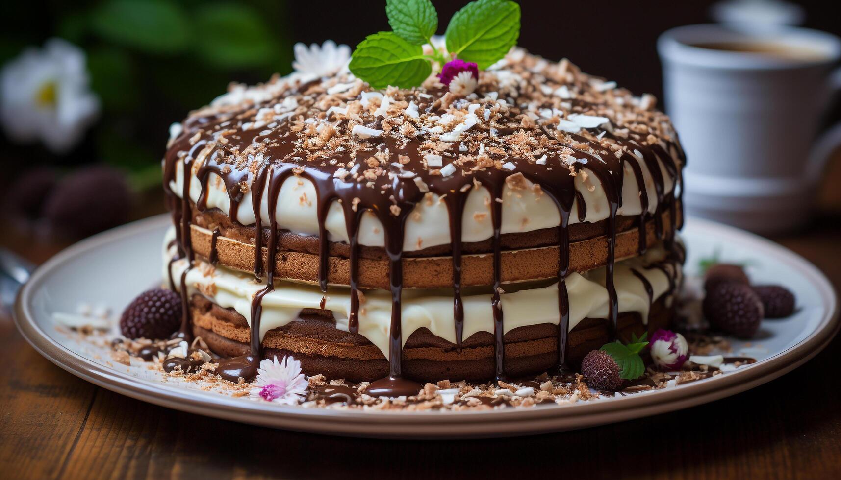 AI generated Homemade chocolate cake with raspberry sauce and whipped cream generated by AI photo