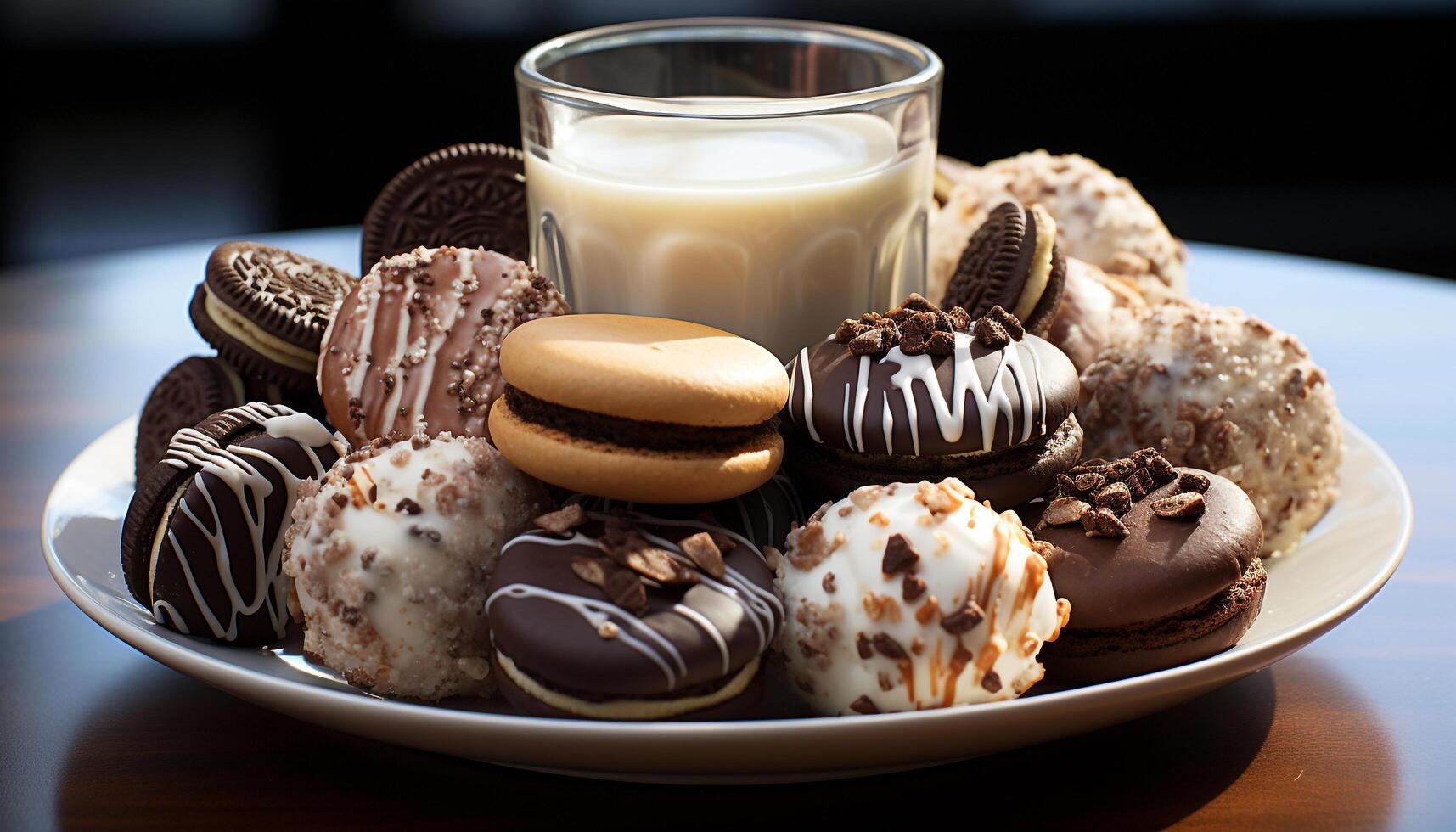 AI generated Gourmet chocolate cookie on wooden table, indulgence generated by AI photo