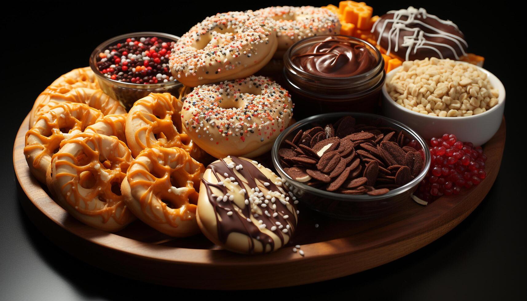 ai generado gastrónomo rosquilla con chocolate Formación de hielo y fresa generado por ai foto