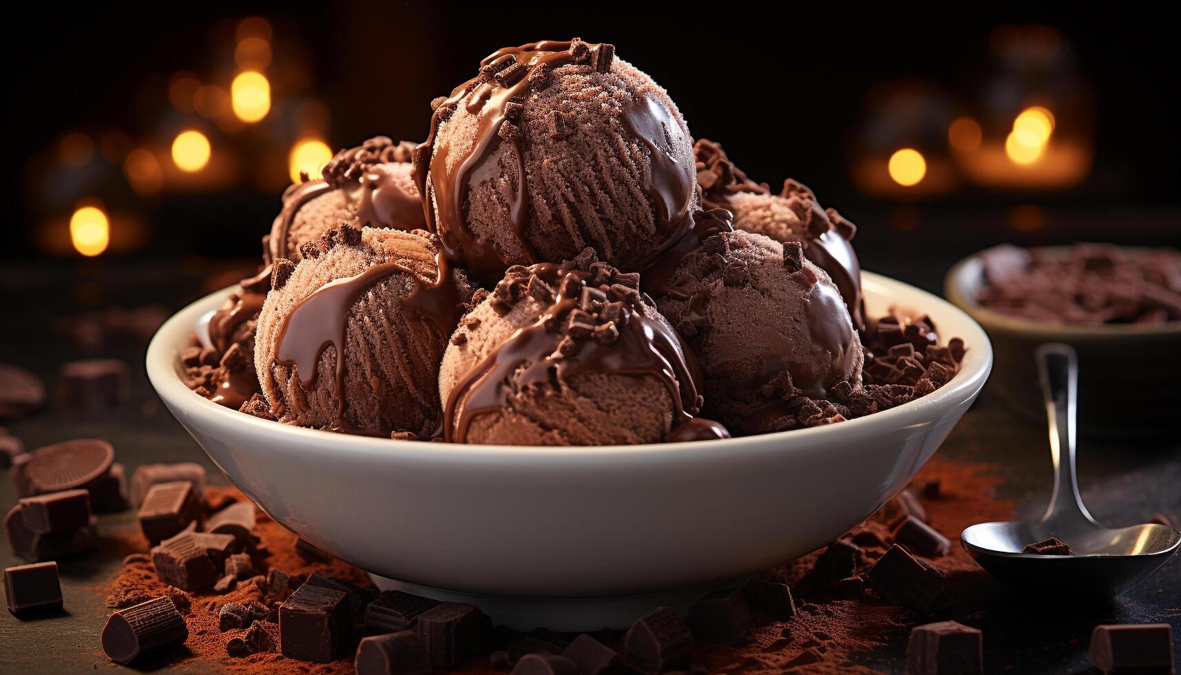 AI generated Chocolate ice cream in a bowl, melting indulgence generated by AI photo