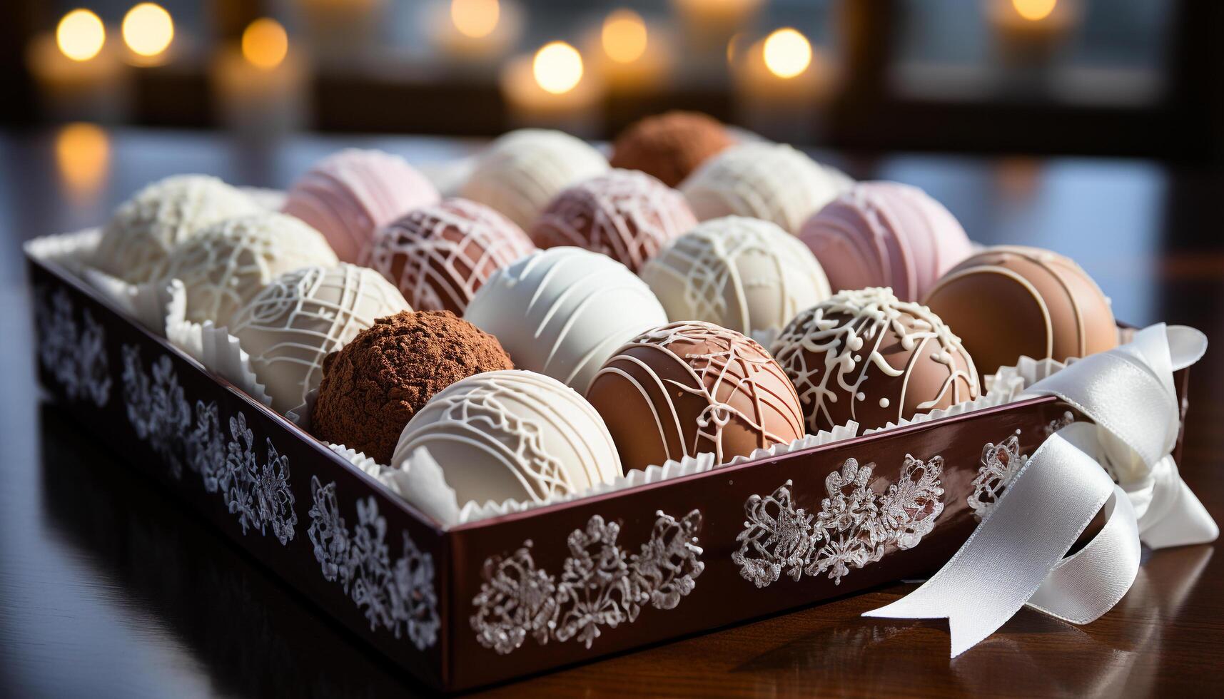 AI generated Chocolate truffle ball, gourmet indulgence, decoration, celebration generated by AI photo