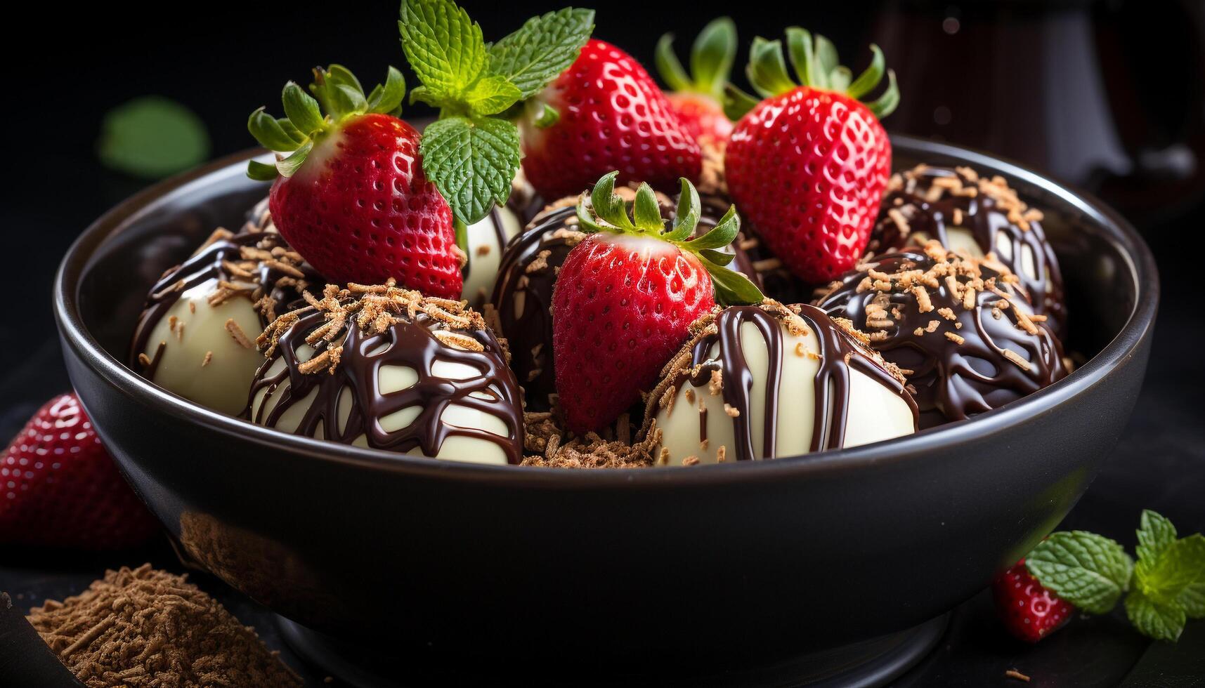 AI generated Freshness and indulgence on a homemade chocolate dessert generated by AI photo