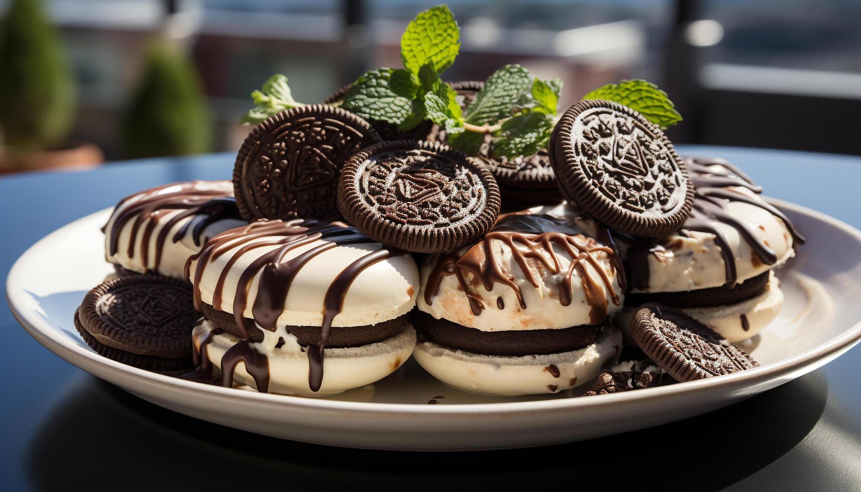 AI generated Gourmet dessert plate with chocolate, cream, and fruit generated by AI photo