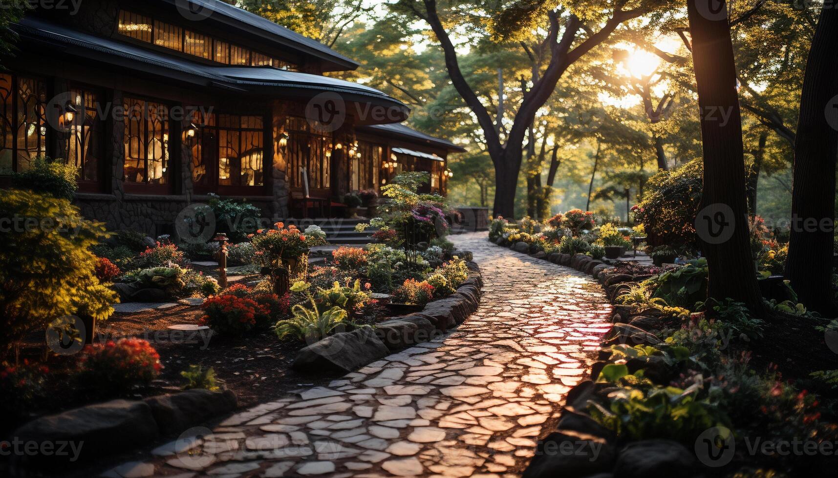 AI generated Tranquil scene of a formal garden in spring generated by AI photo