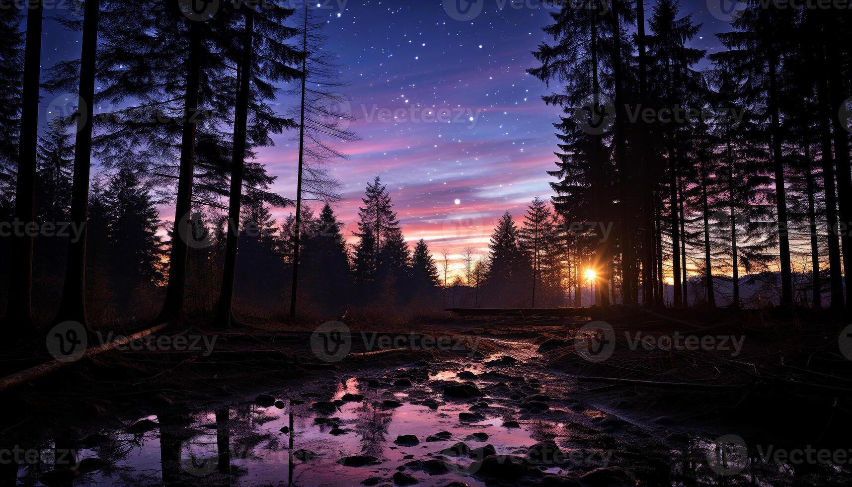 AI generated Tranquil scene of a dark forest at dusk generated by AI photo