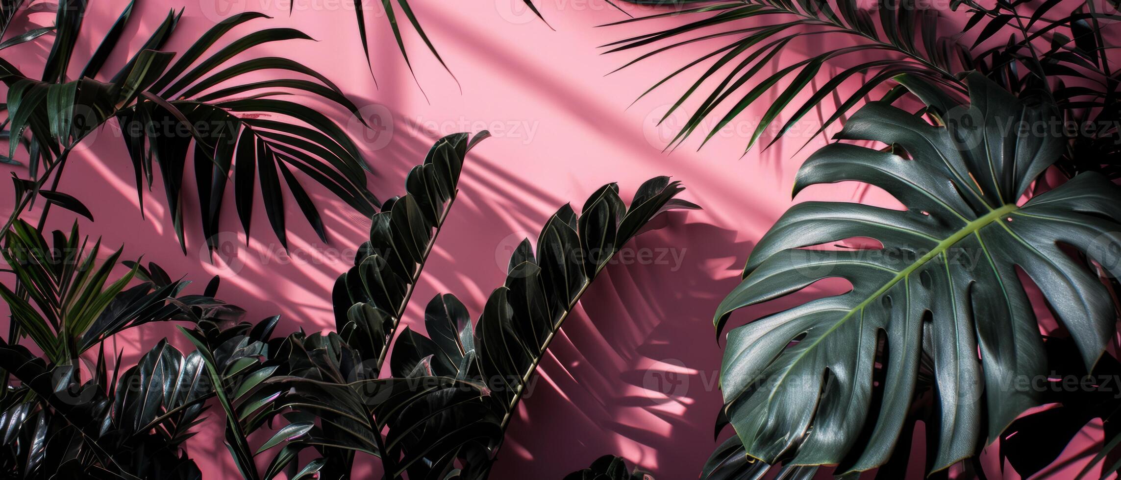 AI generated Lush green tropical leaves casting shadows on a pink background, showcasing natural patterns photo