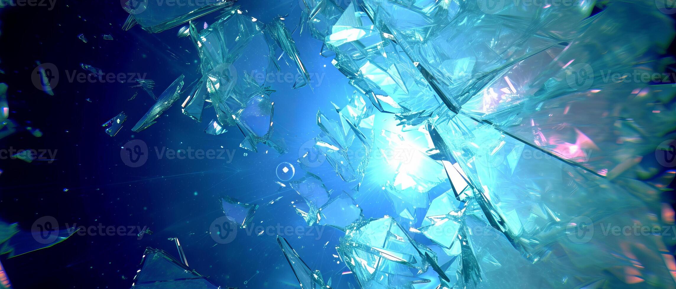 AI generated Abstract background of broken glass pieces with a spectrum of blue and purple hues reflecting light photo