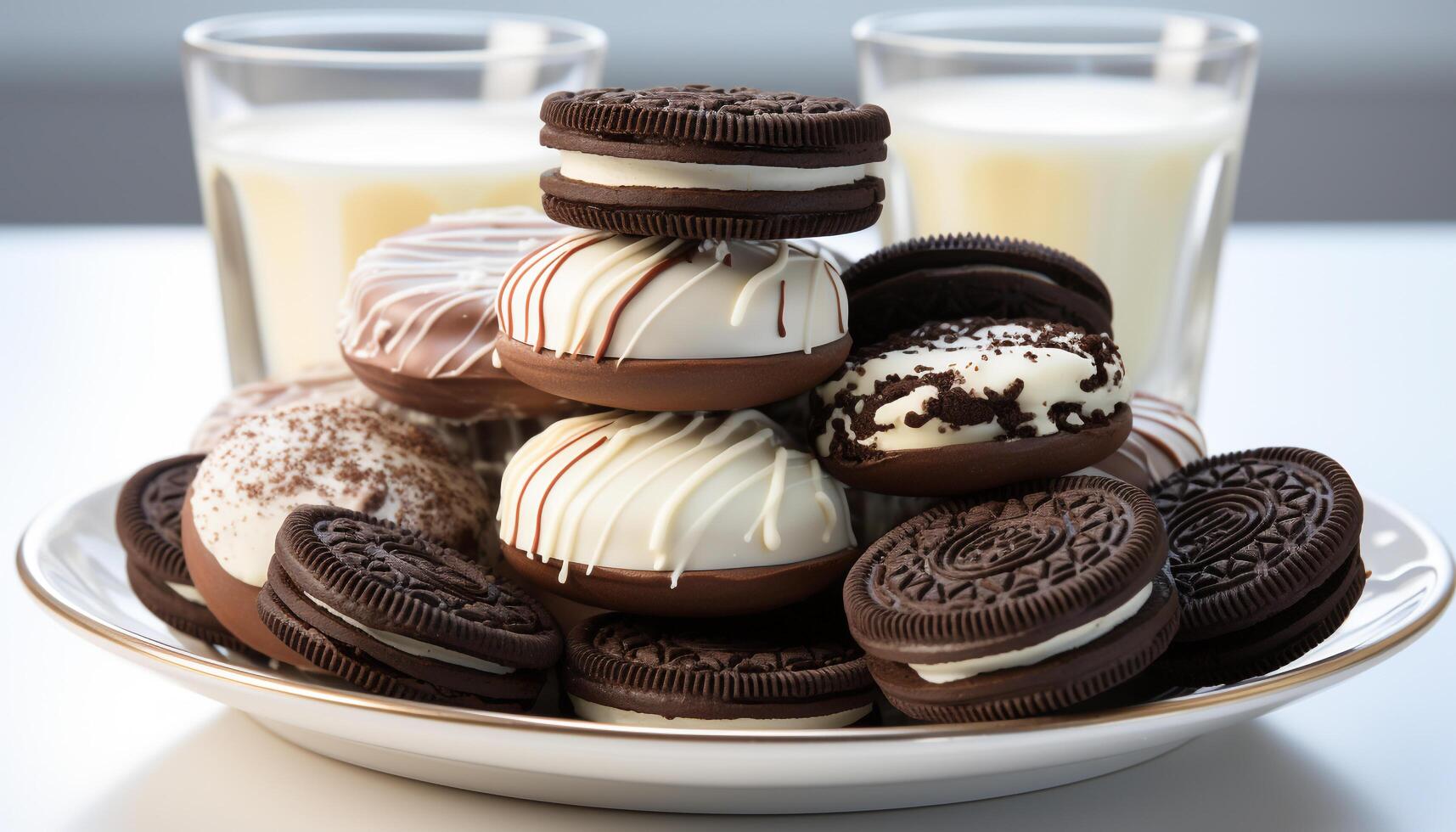 ai generado apilar de chocolate chip galletas en un plato generado por ai foto