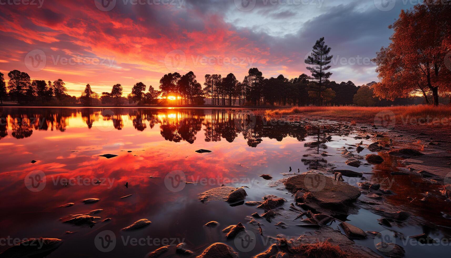 ai generado puesta de sol terminado tranquilo agua, reflejando vibrante otoño colores generado por ai foto