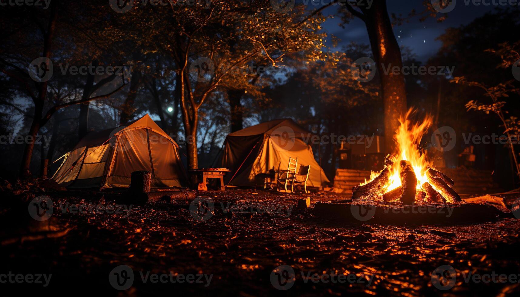 AI generated Camping in nature, fire glowing, relaxation and togetherness generated by AI photo