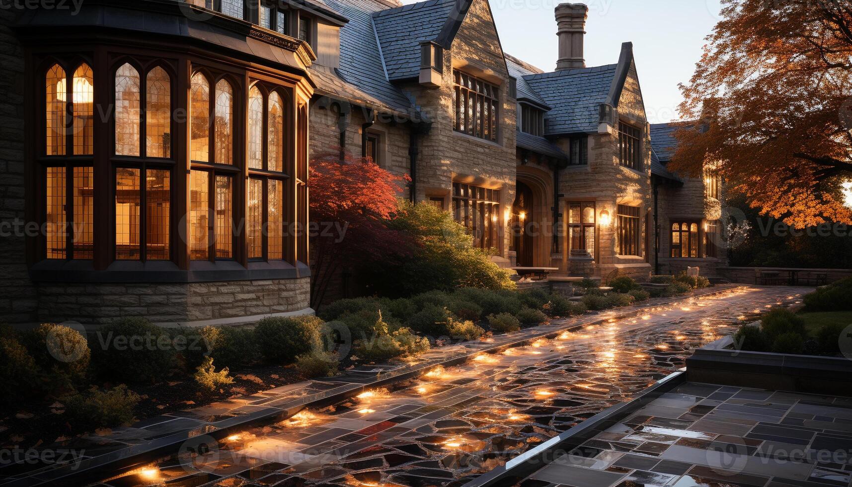 AI generated Illuminated building exterior with modern architecture at dusk generated by AI photo