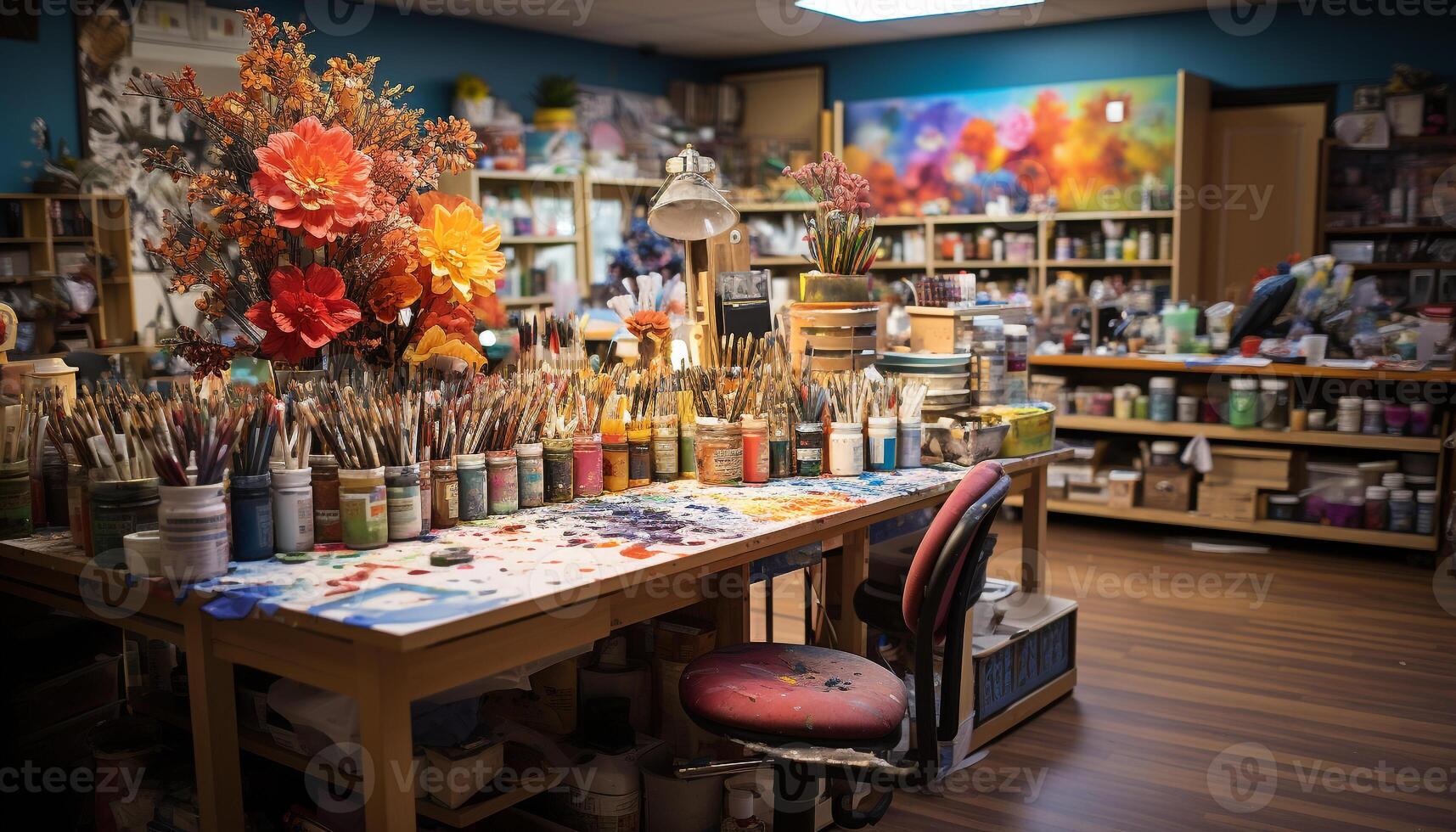 AI generated Crafting table with wood, paintbrushes, and colorful decorations generated by AI photo