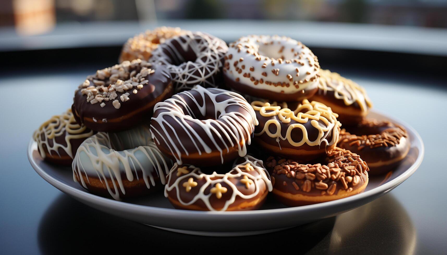 AI generated Gourmet donut, sweet temptation, indulgence on plate generated by AI photo
