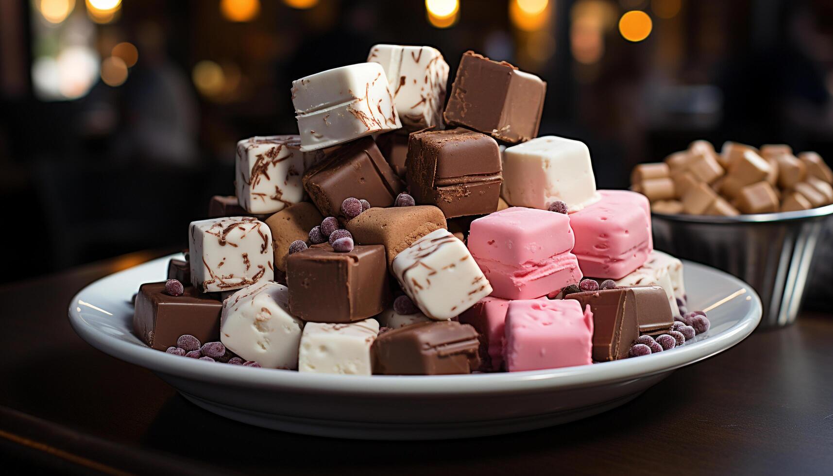 ai generado indulgente gastrónomo postre, oscuro chocolate Dulce de azúcar apilar generado por ai foto