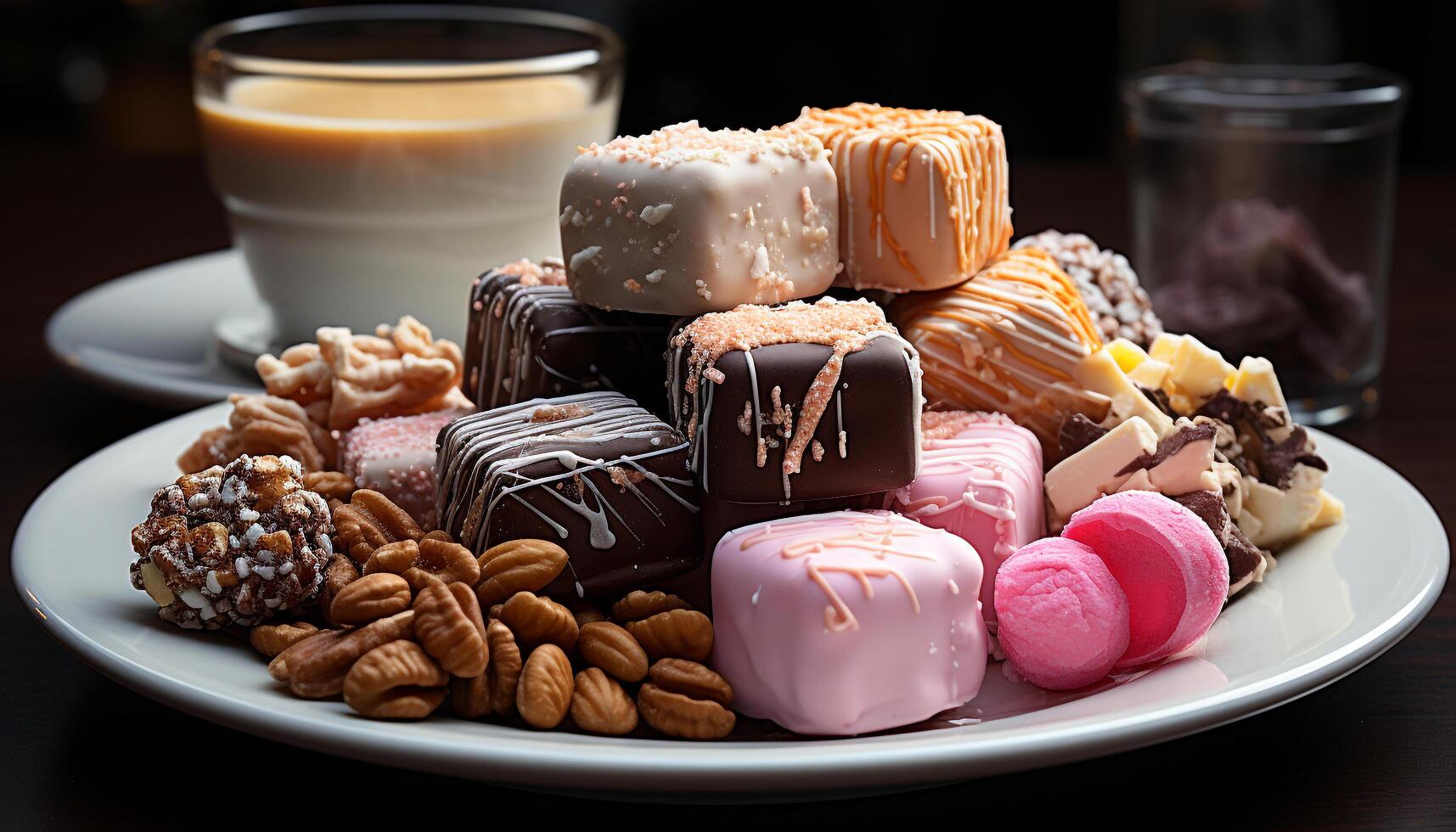 AI generated Gourmet dessert plate, chocolate donut, candy, and coffee generated by AI photo