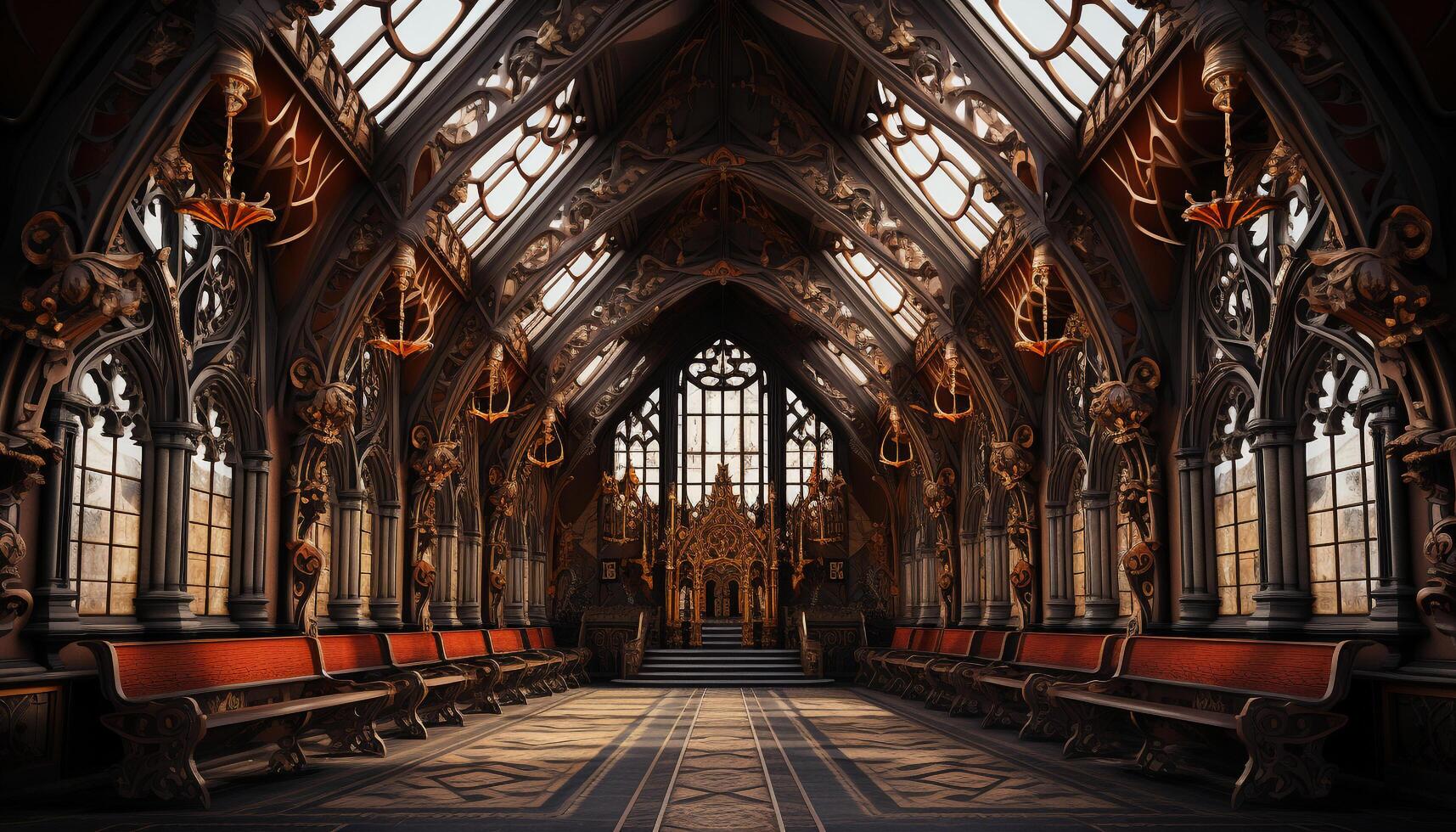 AI generated Majestic gothic architecture inside famous medieval cathedral generated by AI photo