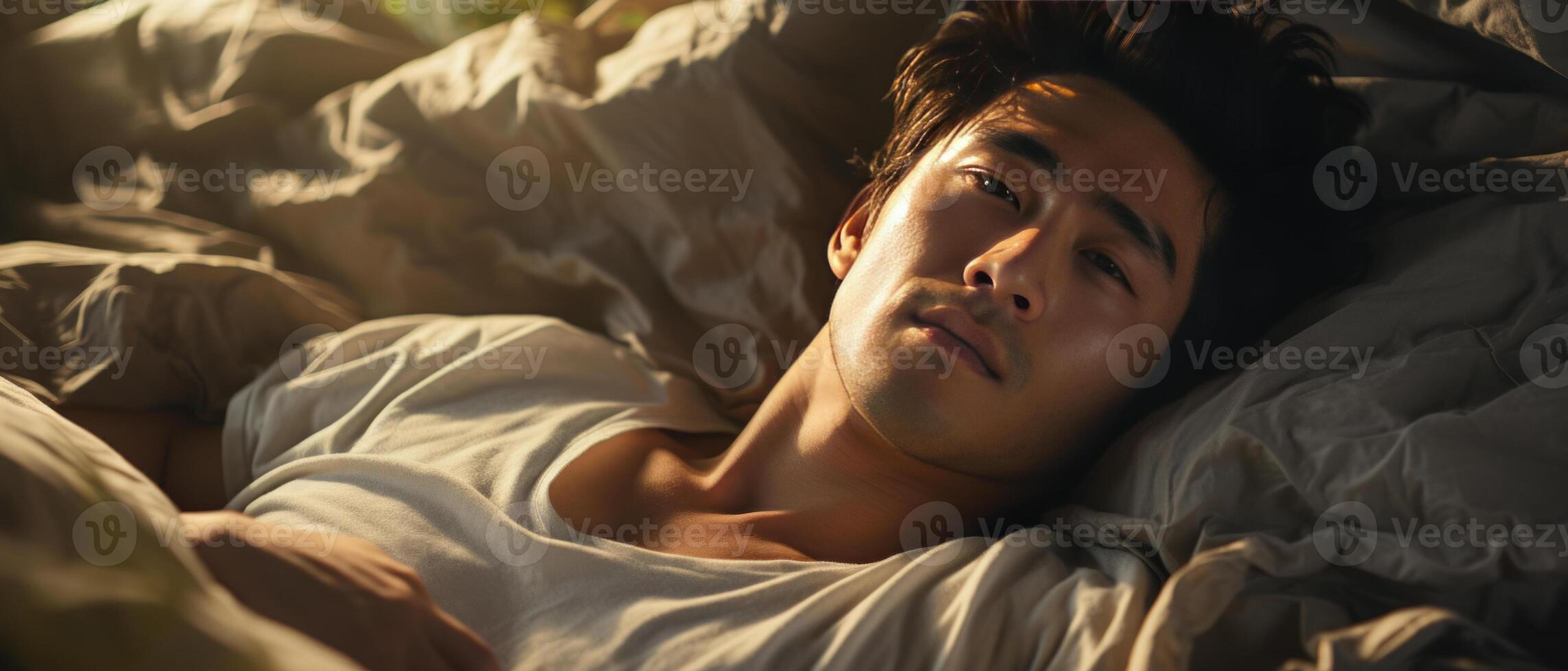 AI generated Young Man Resting Peacefully in Bed photo