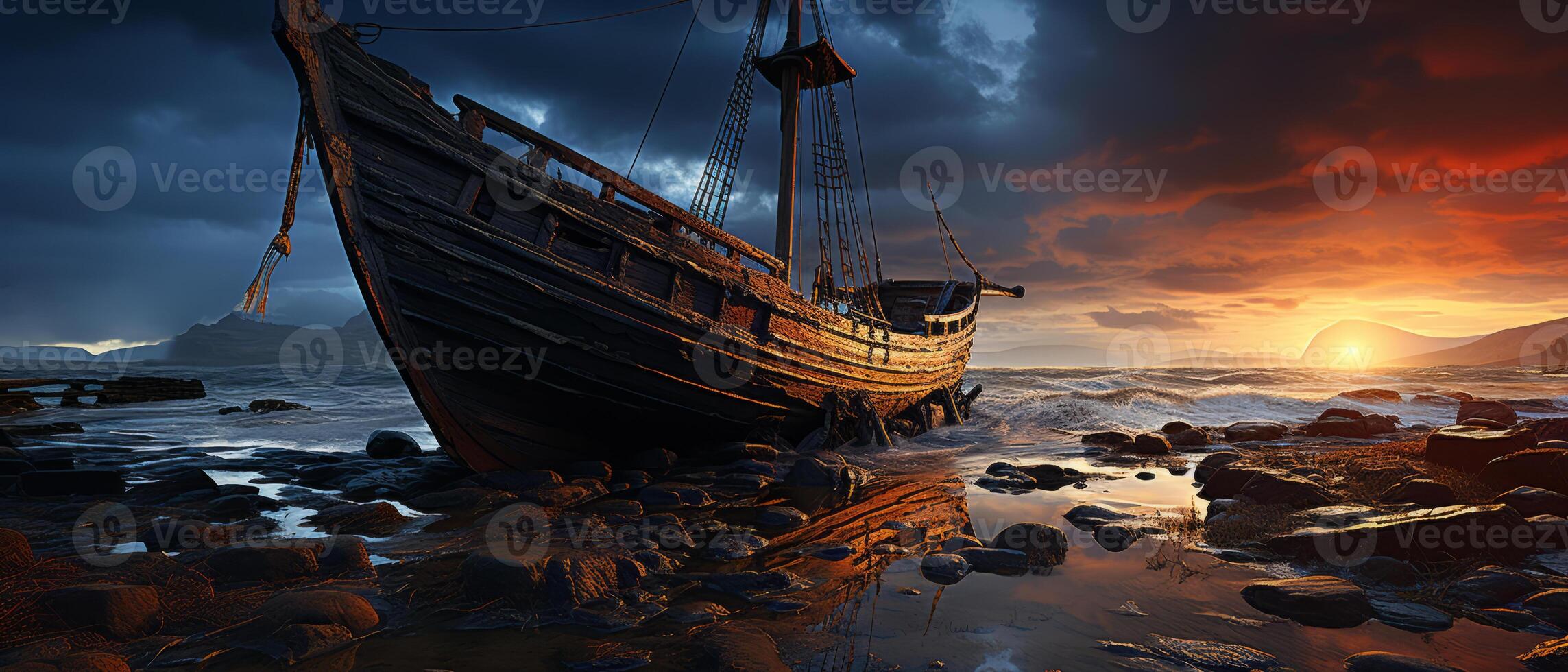 AI generated Sunset Over Abandoned Seafaring Vessel photo