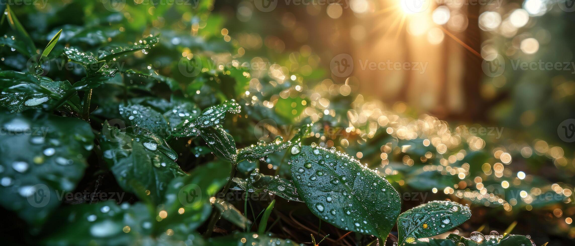 AI generated A close-up of rain-drenched leaves glistening in the dawn light photo