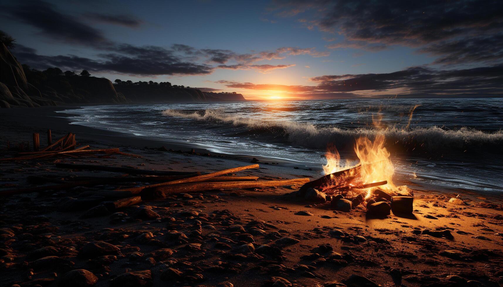 AI generated Sunset flame burns over tranquil seascape, glowing twilight generated by AI photo