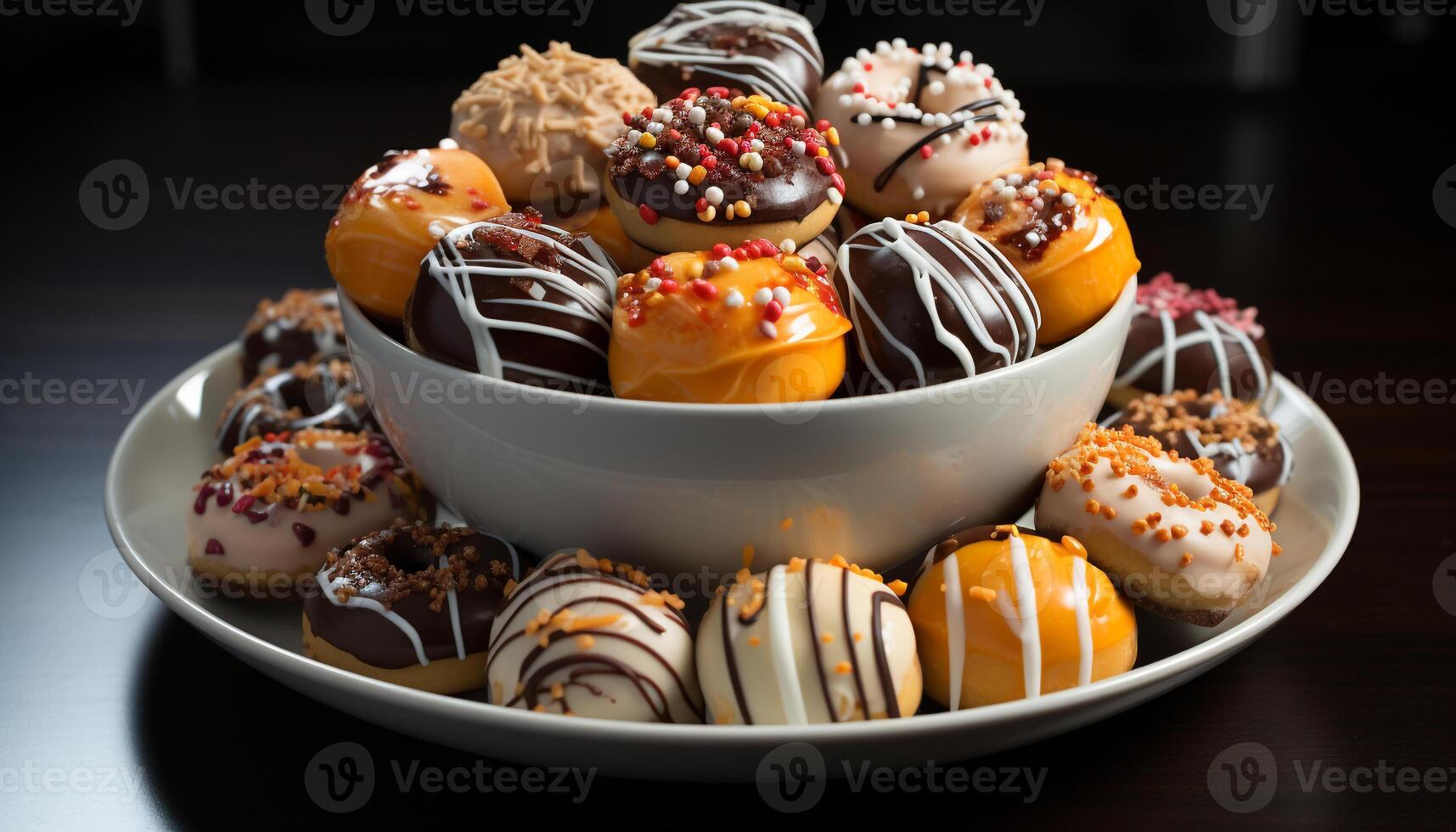 AI generated Indulgent gourmet dessert, chocolate donut with strawberry icing generated by AI photo