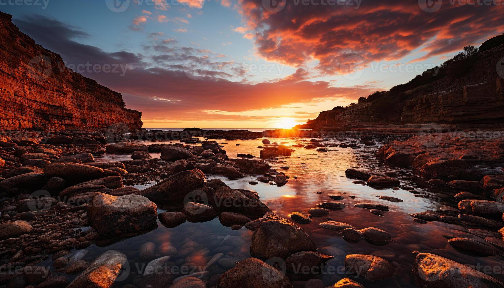 AI generated Sunset over the tranquil coastline, nature majestic beauty generated by AI photo