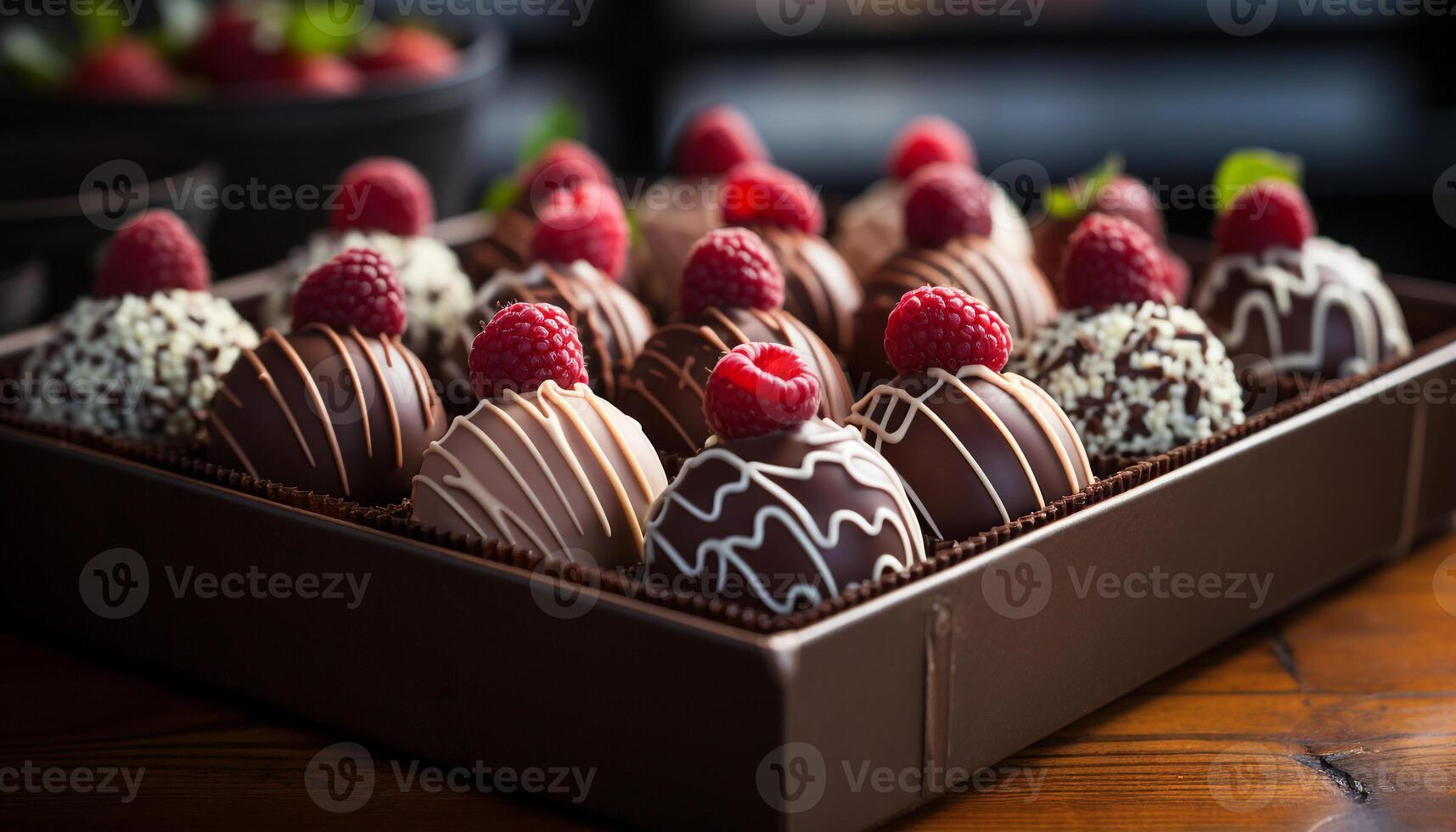 AI generated Gourmet chocolate truffle dessert with raspberry and strawberry generated by AI photo