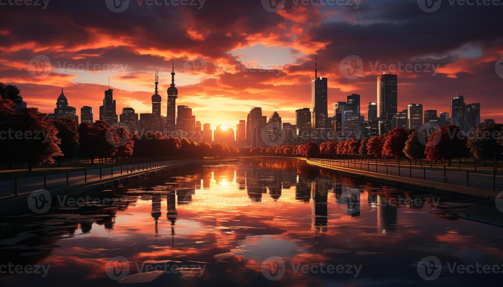 AI generated Cityscape at dusk, skyscrapers reflect in waterfront generated by AI photo
