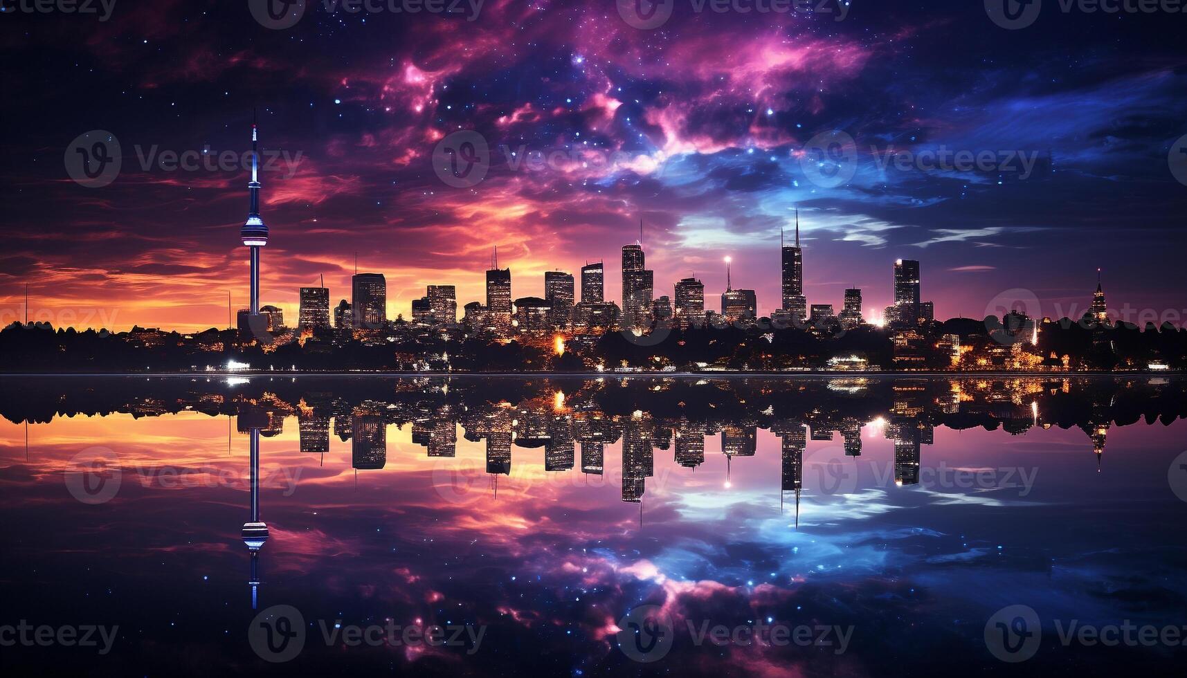 AI generated Vibrant cityscape at dusk, reflecting in water generated by AI photo
