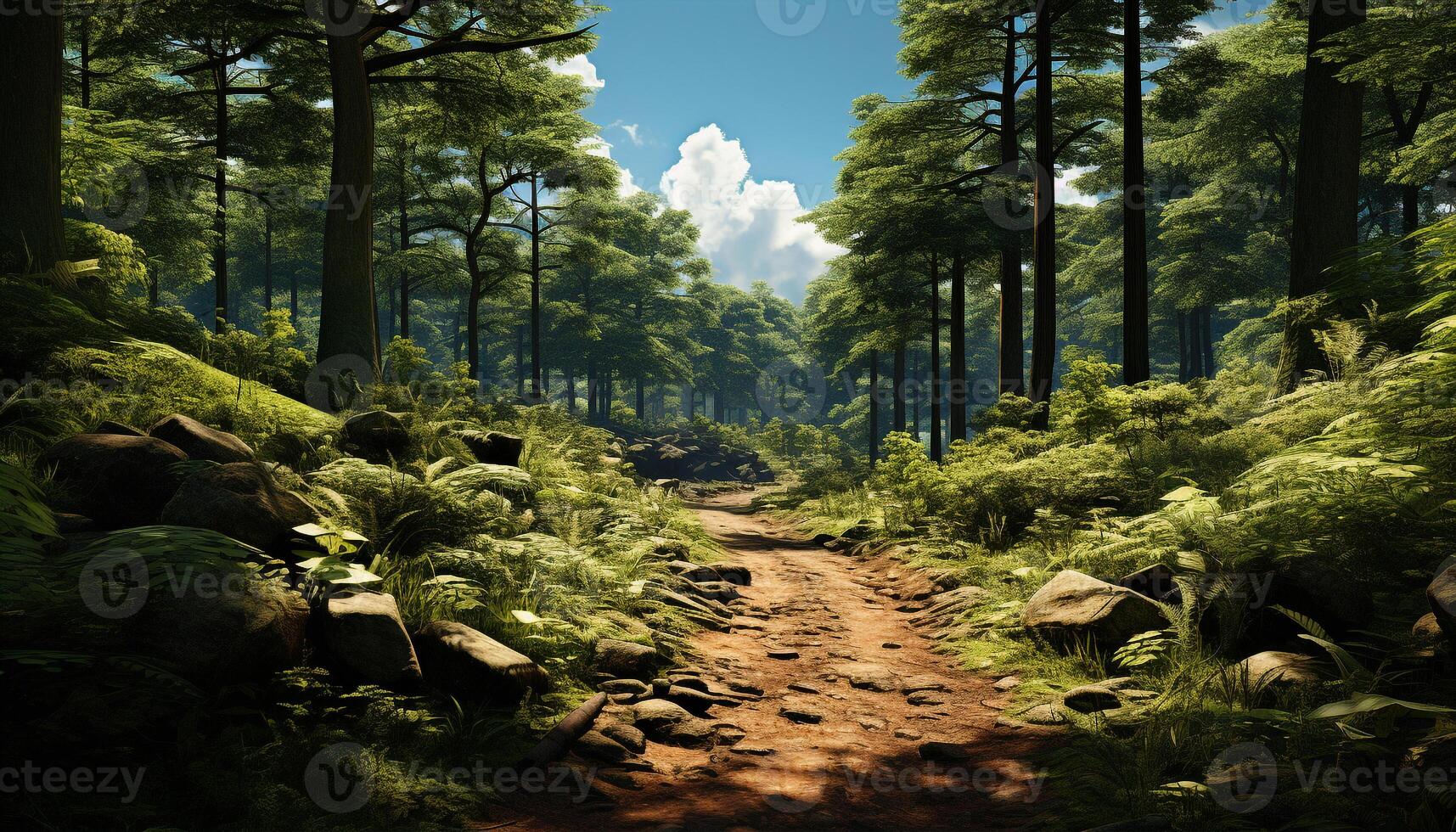 AI generated Tranquil scene of green mountain, tree, and sunlight generated by AI photo