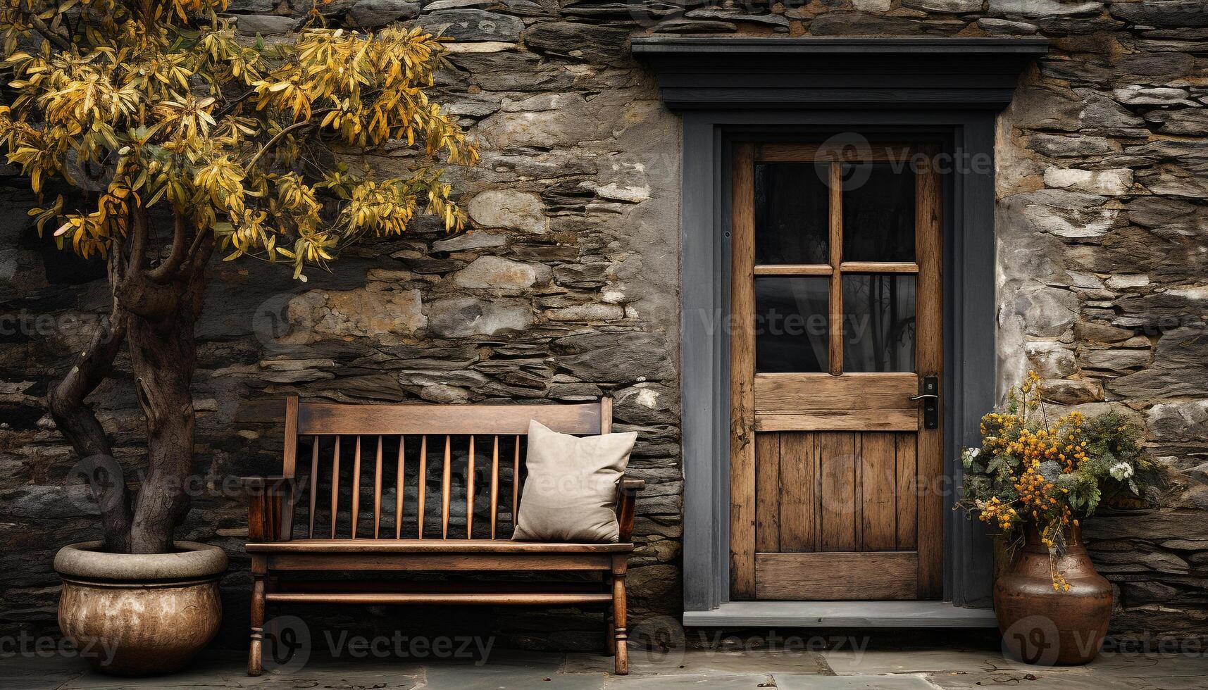AI generated Rustic chair on porch, surrounded by nature generated by AI photo