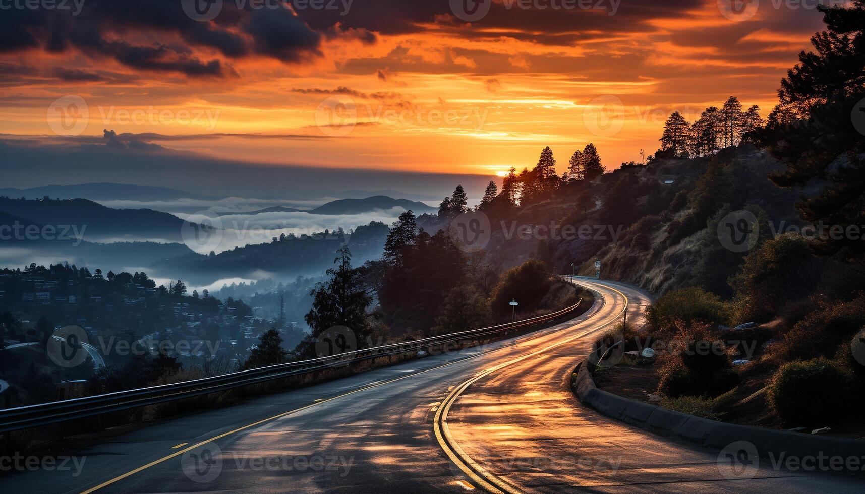 AI generated Mountain landscape at dusk, car speeds through generated by AI photo