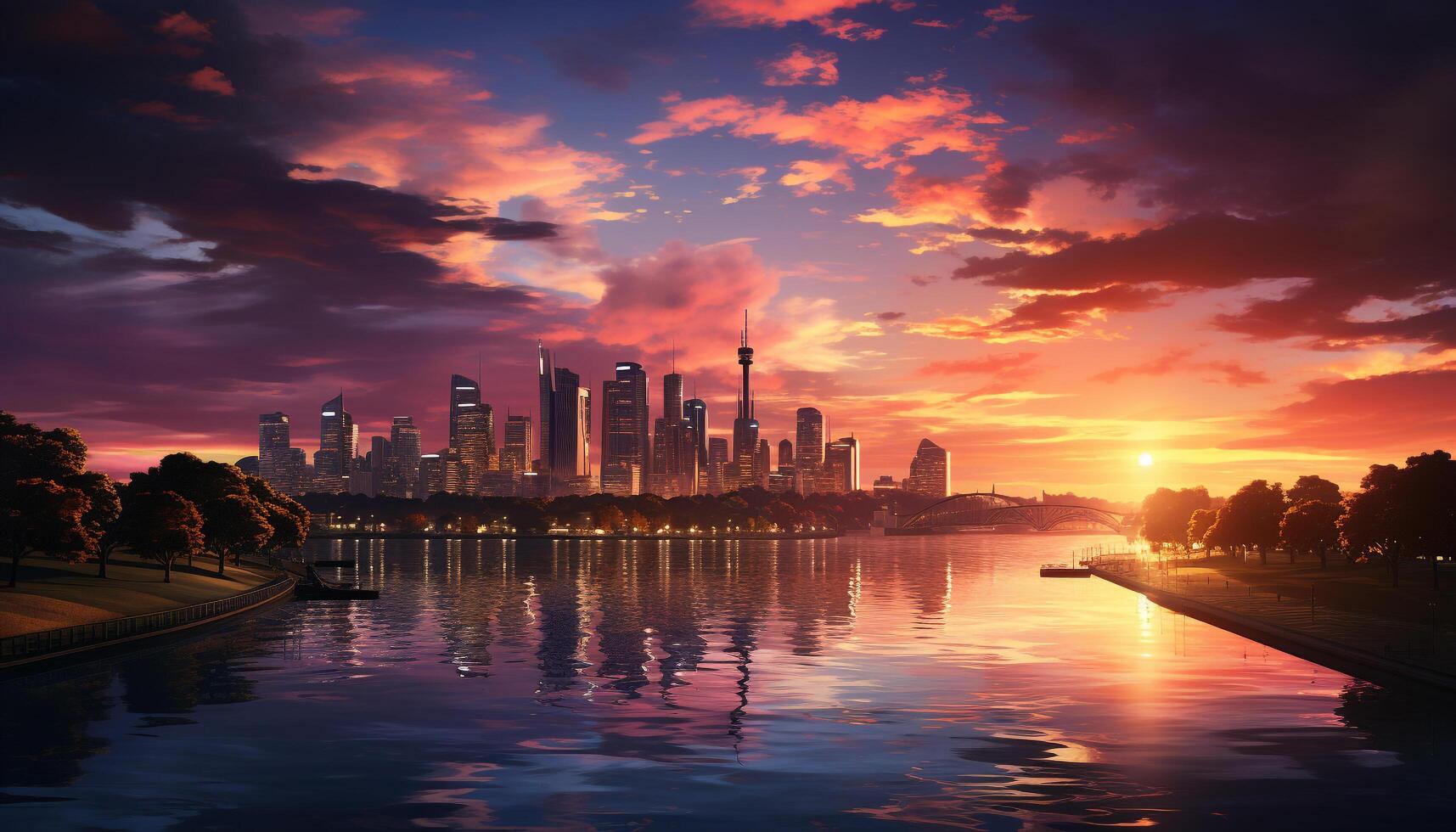 AI generated Cityscape at dusk, skyscrapers reflecting in waterfront generated by AI photo