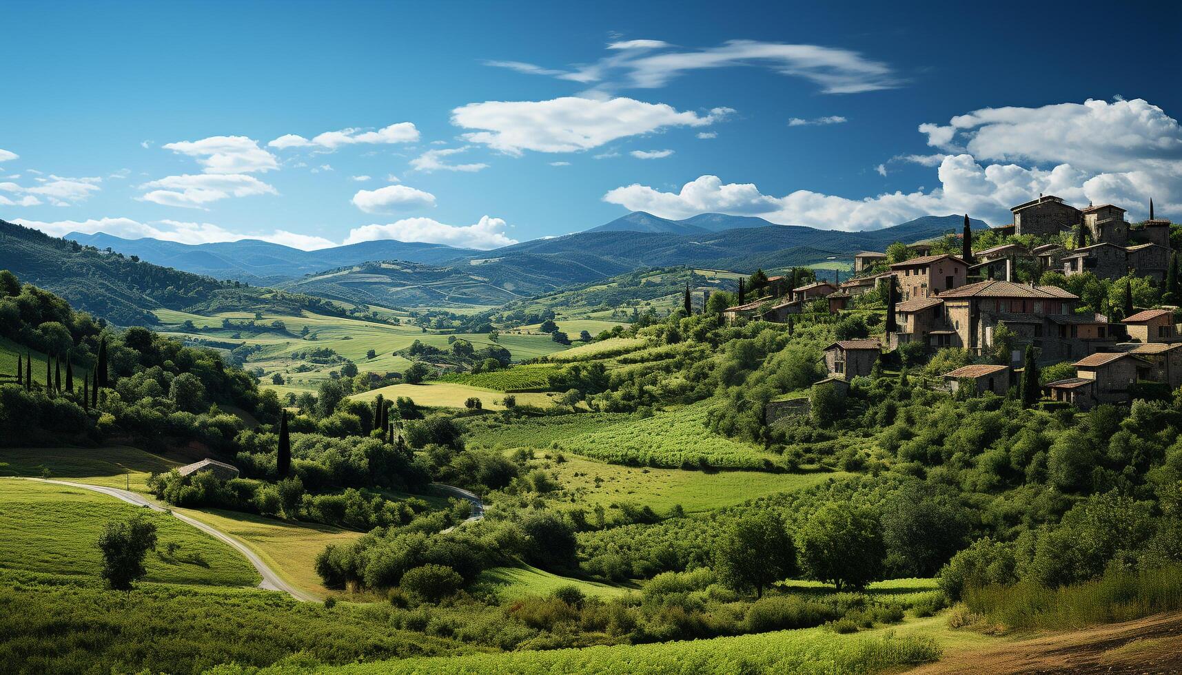 AI generated Idyllic meadow, green grass, rolling landscape, tranquil scene generated by AI photo
