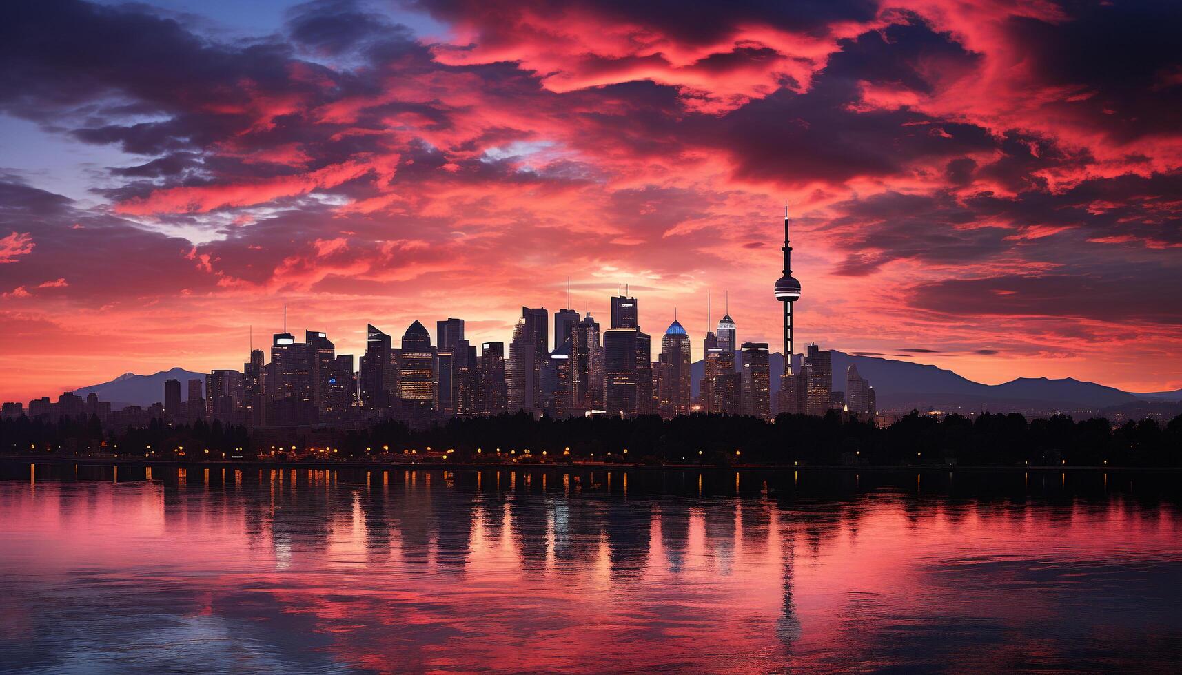 AI generated Cityscape at dusk, skyscrapers reflecting on water generated by AI photo