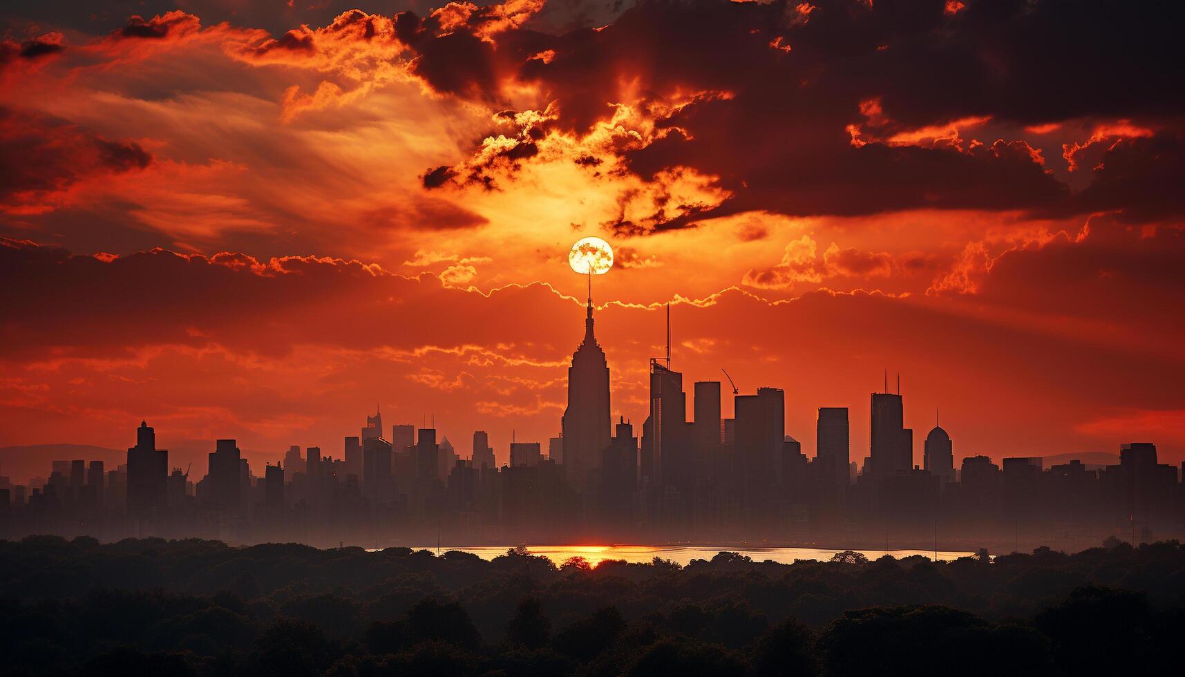 AI generated Silhouette of skyscrapers glow in vibrant sunset generated by AI photo