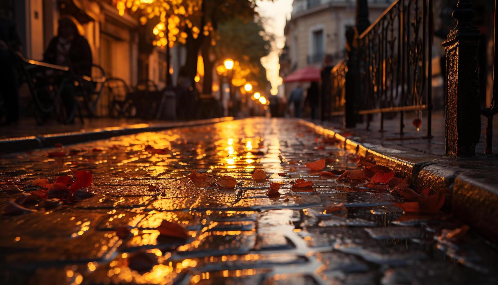 AI generated City street illuminated by street lights at dusk generated by AI photo