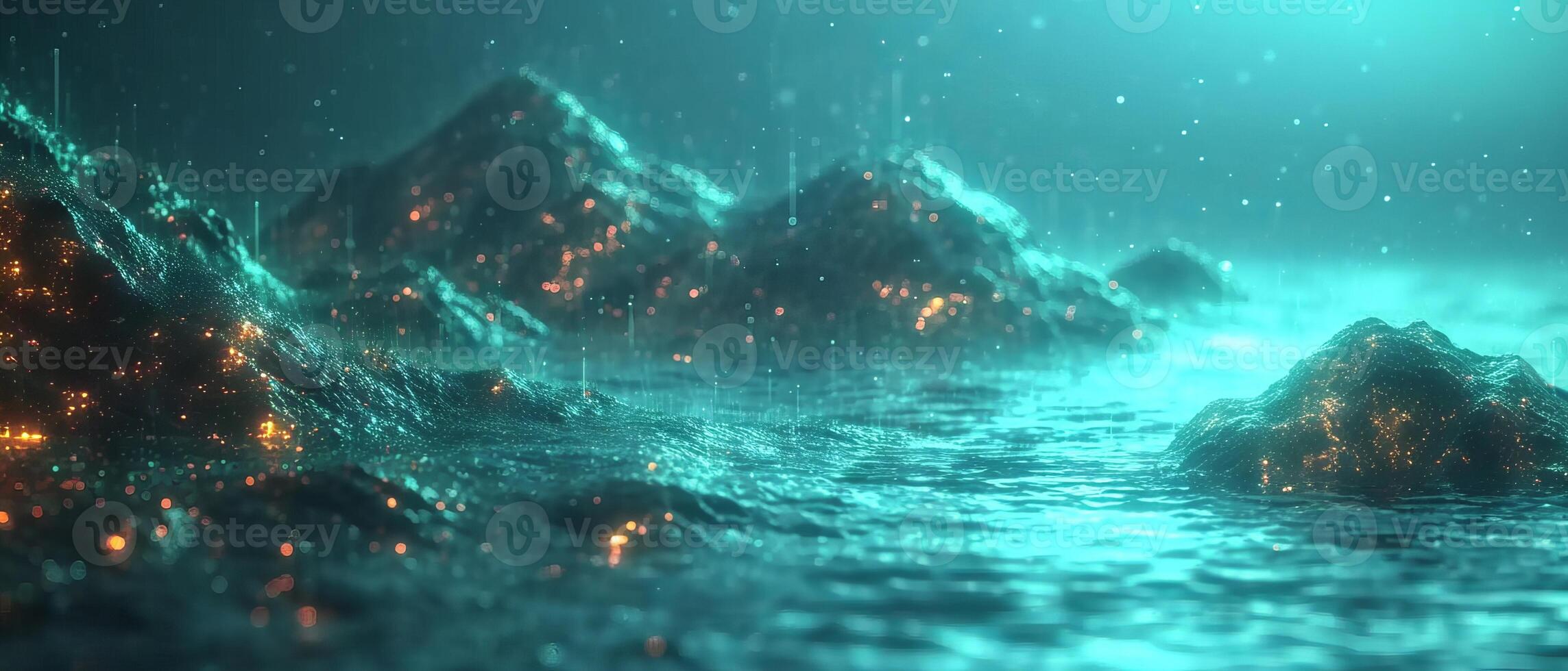 AI generated A futuristic neon-lit ocean under a rain-drenched cyber sky photo