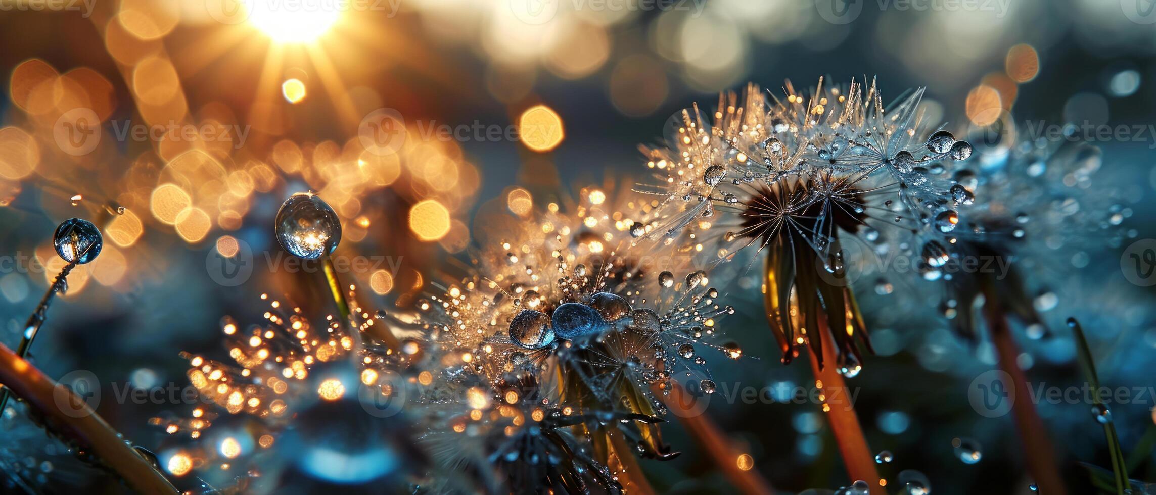 AI generated Macro shot of dew-covered dandelions backlit by the warm glow of the sunrise, creating a bokeh effect photo