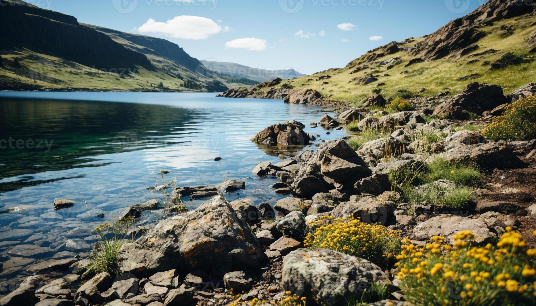 AI generated Tranquil scene of a mountain peak reflecting in water generated by AI photo