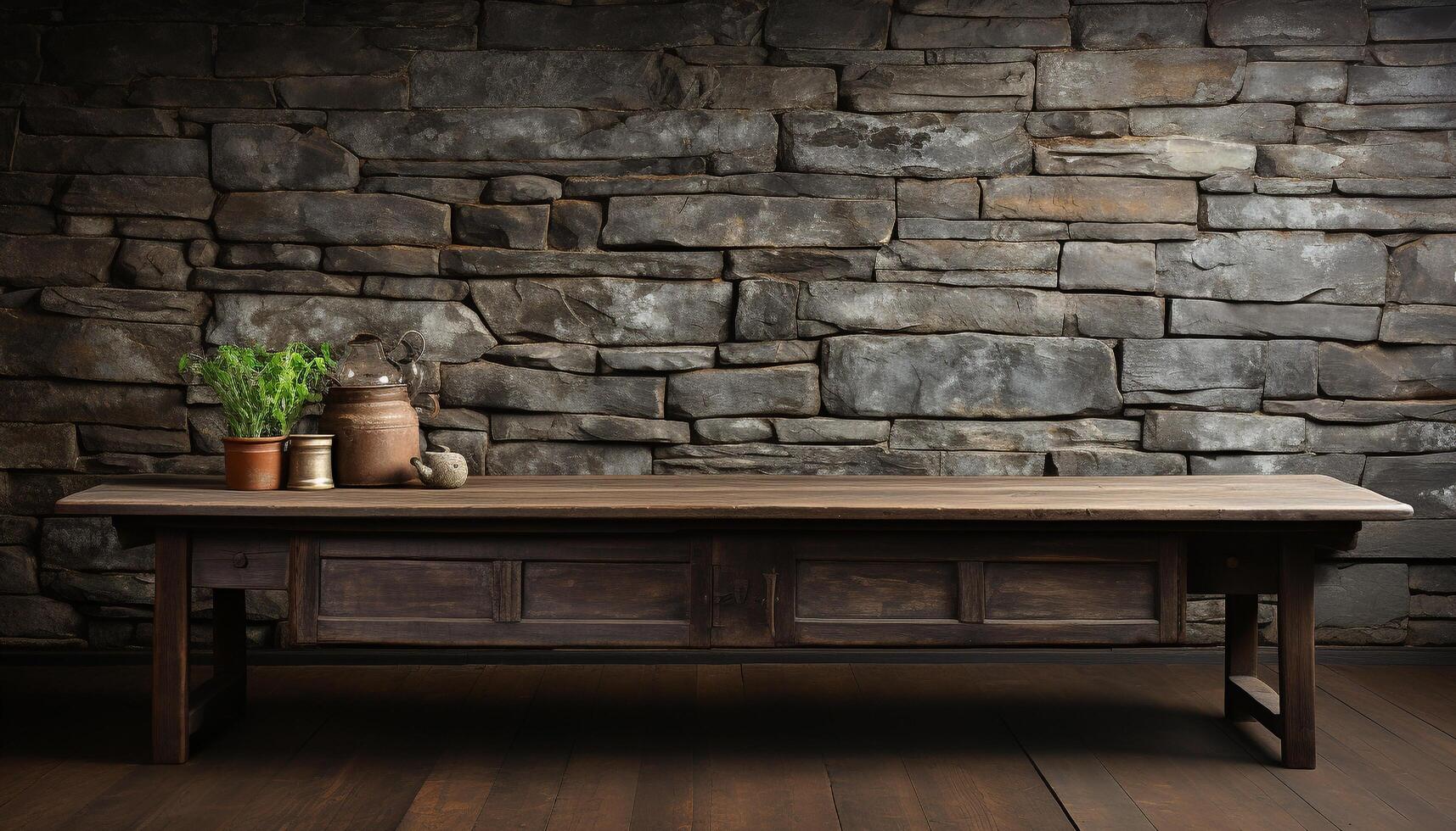 AI generated Modern design with rustic brick wall and wooden flooring generated by AI photo