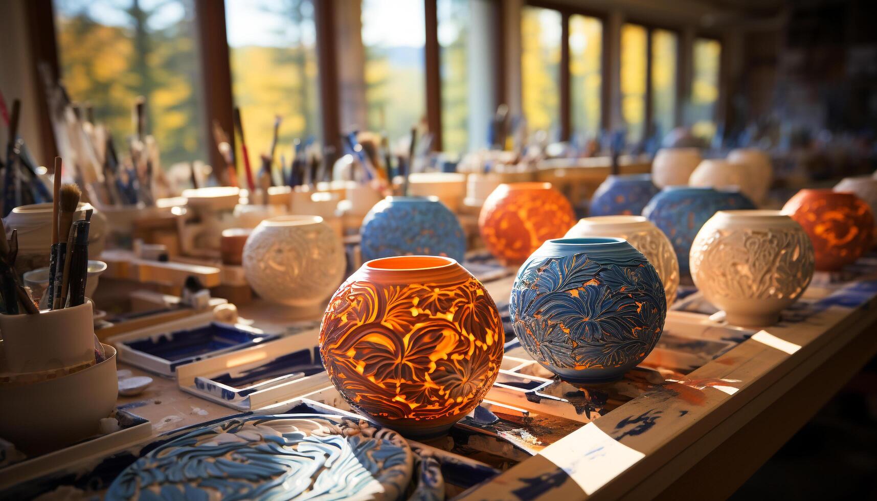 AI generated Potter creates ornate vase using clay and wheel generated by AI photo